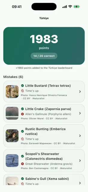 Birdy result screen
